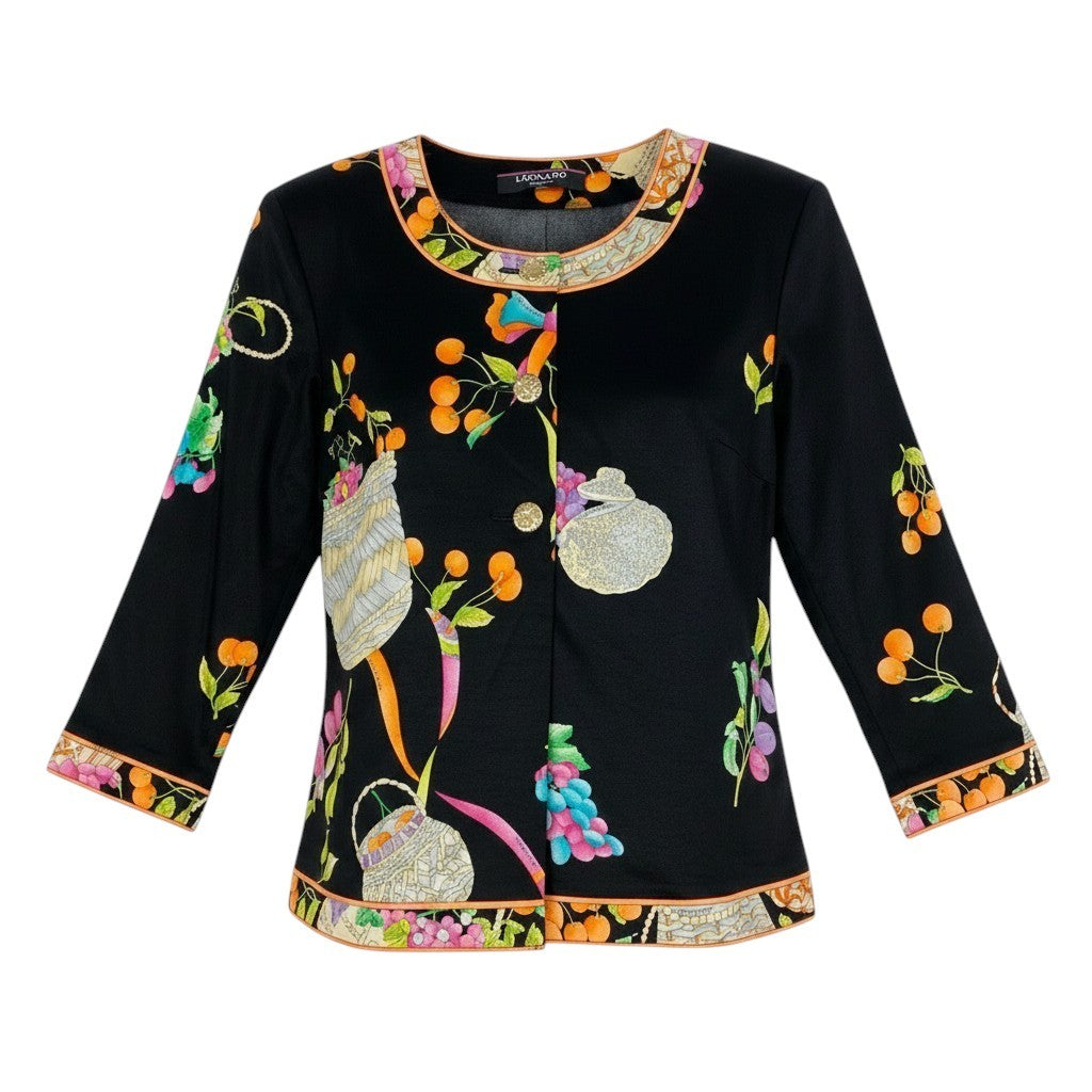 73f9【美品】 LEONARD FASHION レオナール ノーカラージャケット 七分袖カーディガン 金ボタン 美しい花柄プリント サイズL ブラック コットン100％ レディース 女性服u02t