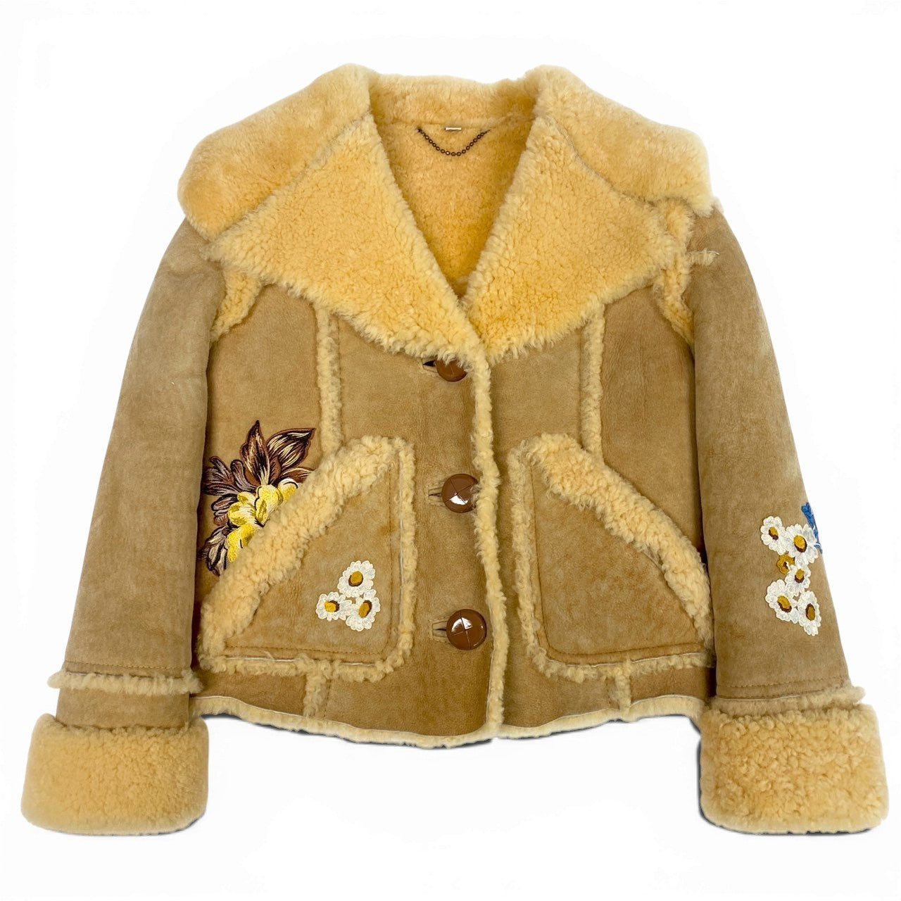 53a19 COACH コーチ Eagle Raggedy Shearling Jacket ムートンジャケット 鷹 花柄刺繍 イタリア製 レディース 女性用 サイズ2 ベージュ 本革 羊革u02t
