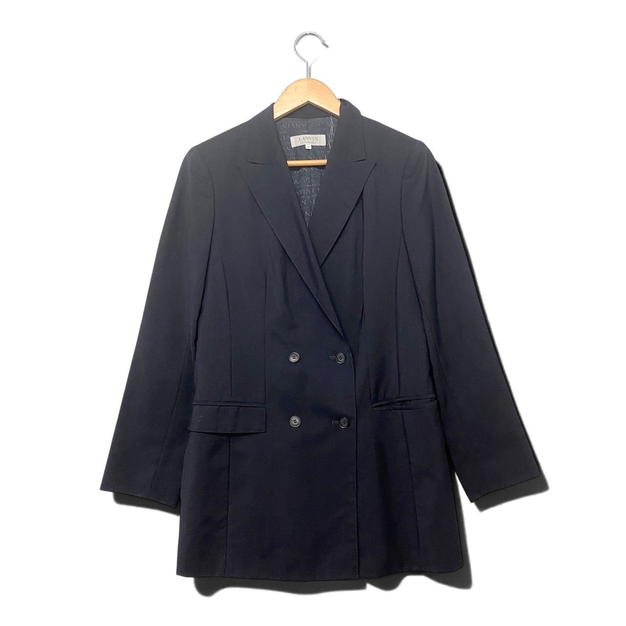 10h28 LANVIN La Collection ランバンコレクション ダブルブレスト テーラードジャケット ロングジャケット 裏地総柄 ウールモヘヤ混 サイズ38 ネイビー レディースo07t