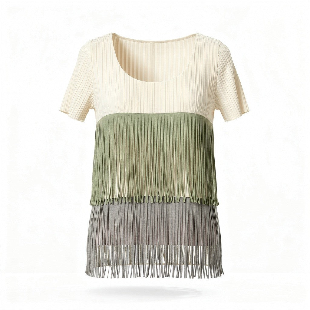 68a24 【美品】 PLEATS PLEASE プリーツプリーズ イッセイミヤケ プリーツフリンジカットソー トップス クルーネック PP83-JK862 ホワイト系 レディース 女性用k02i