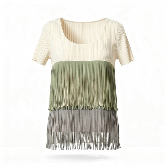 68a24 【美品】 PLEATS PLEASE プリーツプリーズ イッセイミヤケ プリーツフリンジカットソー トップス クルーネック PP83-JK862 ホワイト系 レディース 女性用k02i