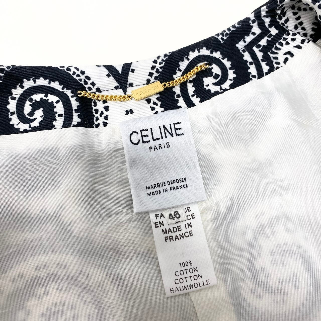 13f15 CELINE セリーヌ 総柄プリント ノーカラージャケット フランス製 46 ホワイト ブラック フランス製 レディースo07t