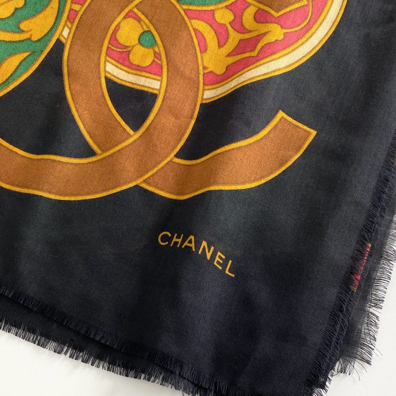 d12-2 CHANEL シャネル ココマーク 大判ストール ショール シルク混 レトロ ビンテージ アンティーク ブラック グリポア