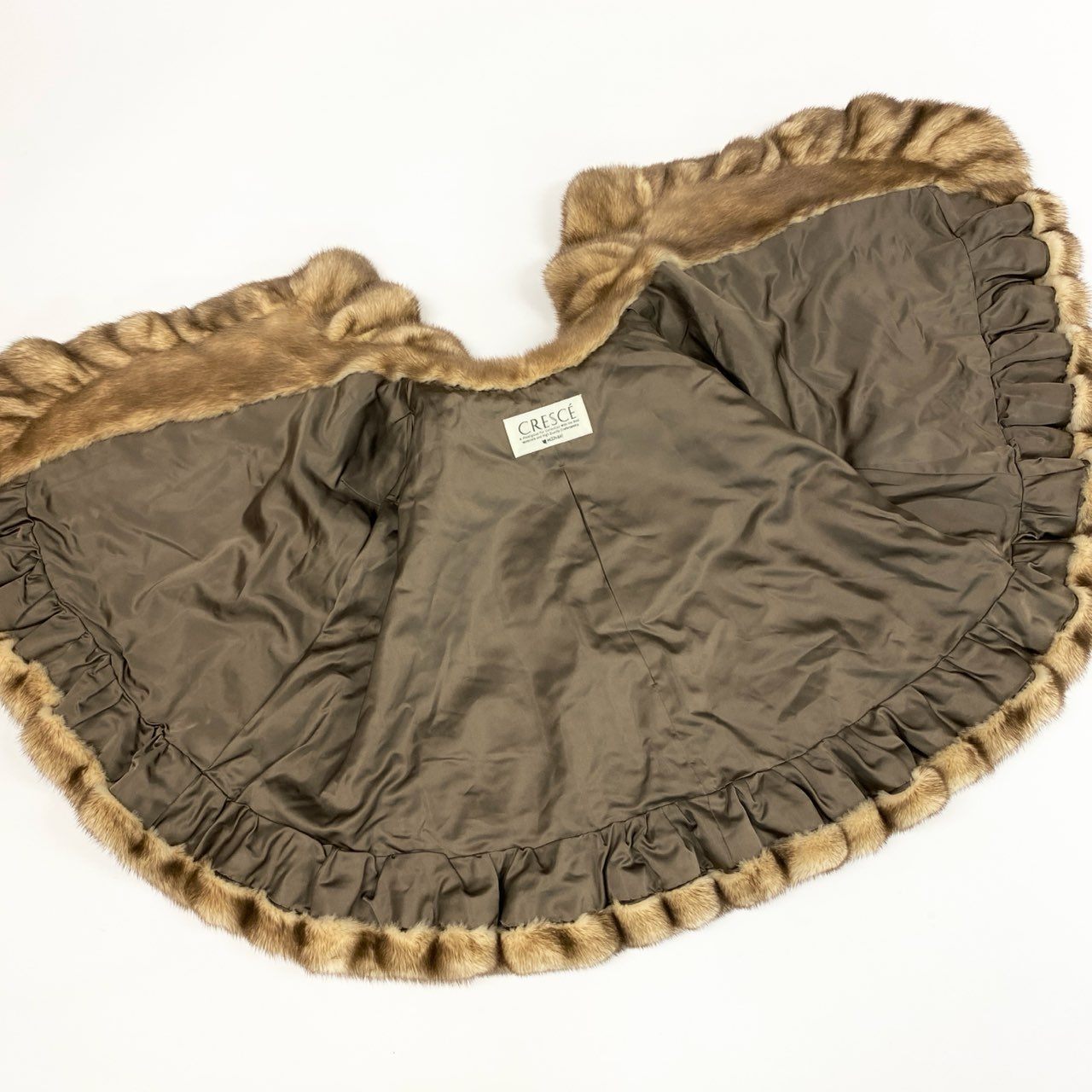 53k10《希少》 CRESCE ミンクファー フリルデザイン ケープ F 最高級本毛皮 金ボタン ポンチョ MINK FUR コートt18r