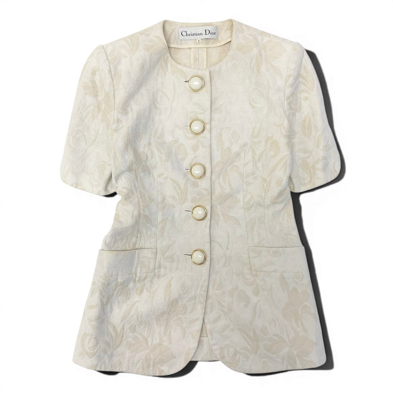 66d27 Christian Dior クリスチャンディオール ノーカラージャケット 花柄モチーフ サイズ9 ホワイト ライトベージュ レディース 女性用u02t