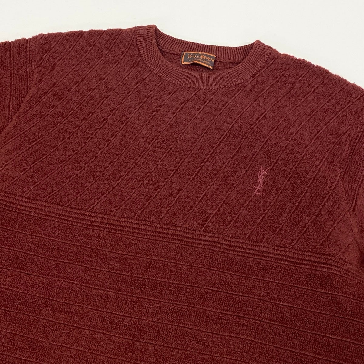 60f2 YVES SAINT LAURENT イヴサンローラン YSLロゴ刺繡 クルーネック ニットセーター サイズL ボルドー ウール100％ メンズ 紳士服o07t