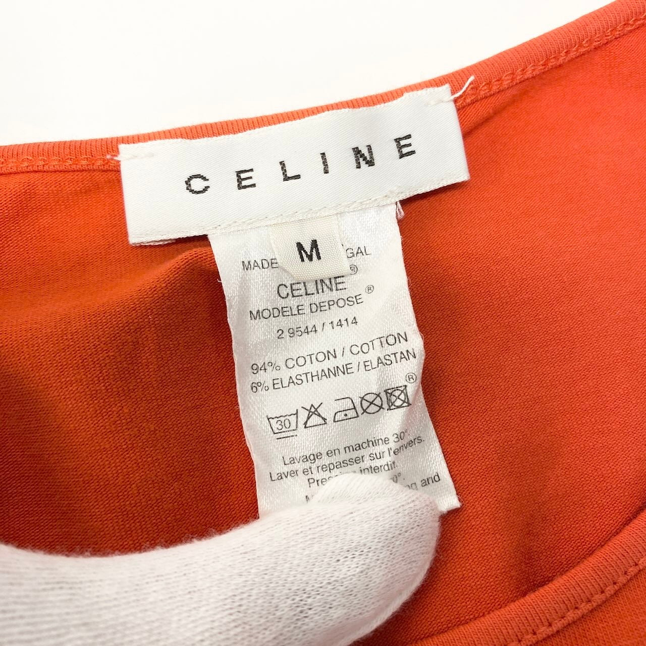 27e11 CELINE セリーヌ クルーベック カットソー 半袖Tシャツ ボーダー ロゴ刺繍 ストレッチ サイズM オレンジ レディース 女性服u02t