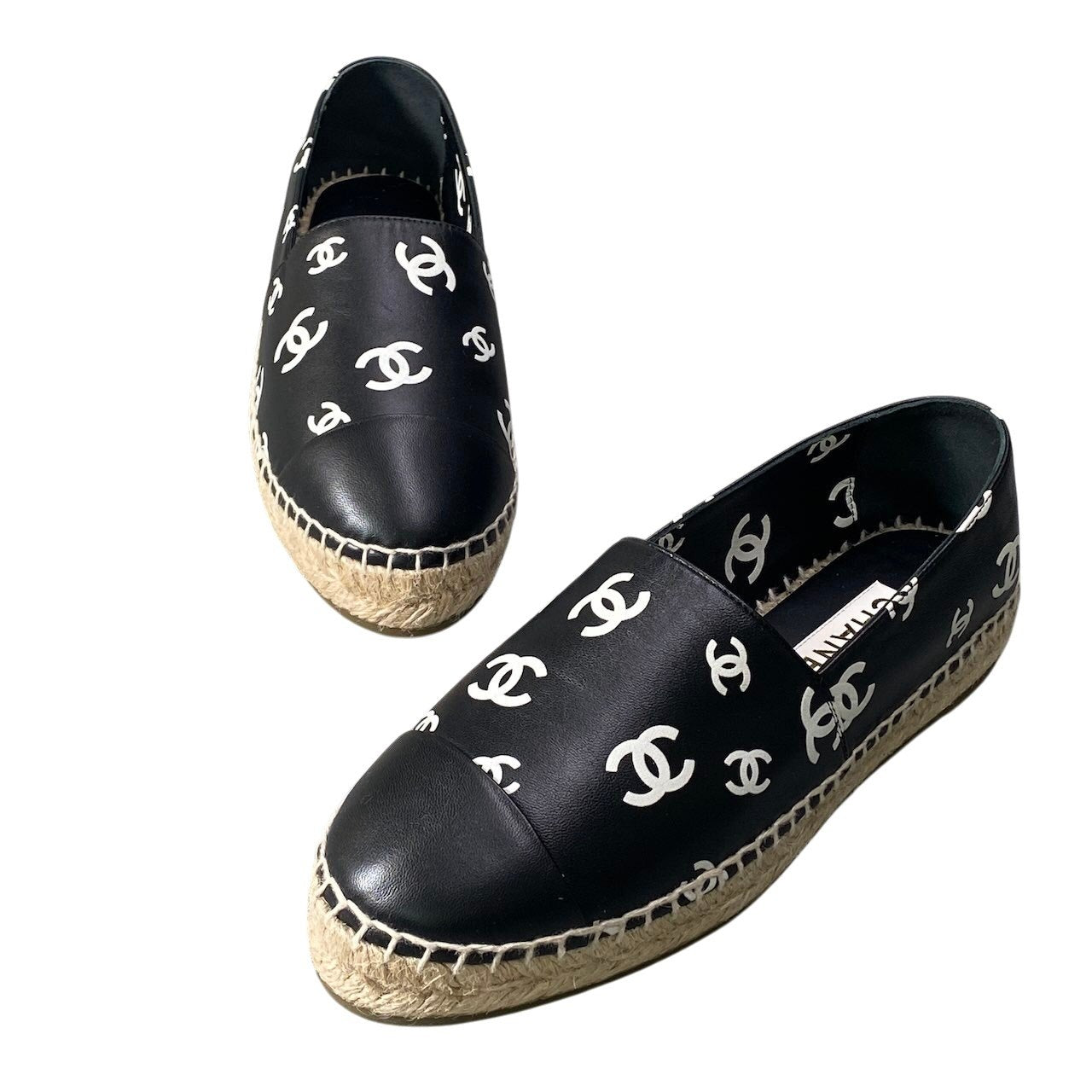 e13 CHANEL シャネル エスパドリーユ フラットシューズ ココマーク レザー G38628 サイズ39 ブラック レディース 女性靴ta1
