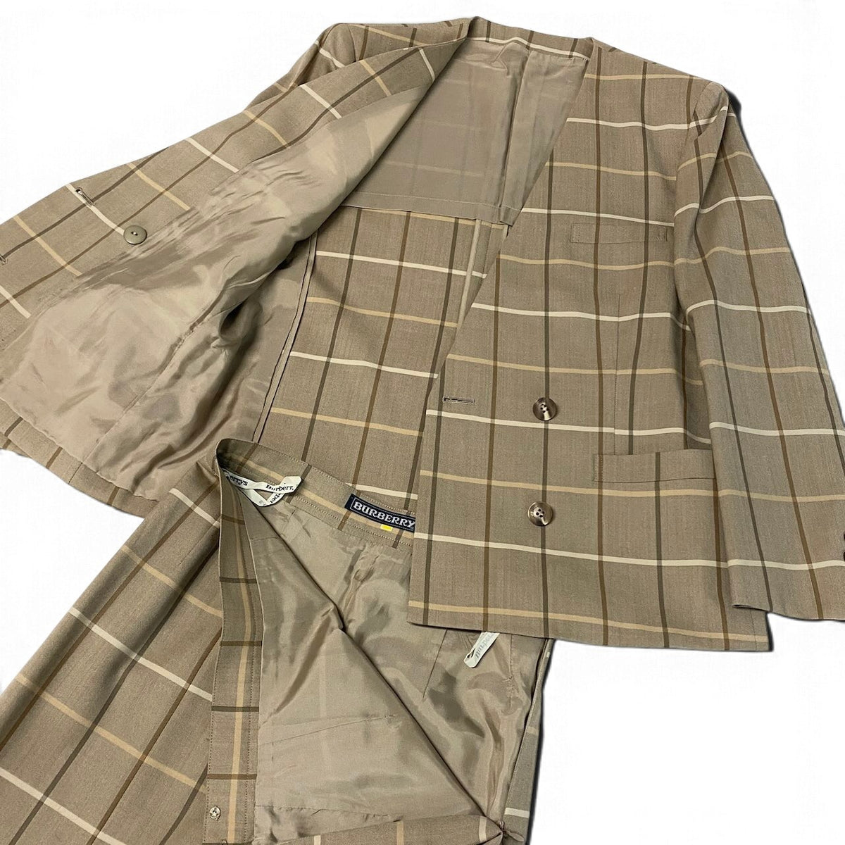 j29 【美品】Burberrys スカートセットアップ ジャケット スカート チェック柄  7ARサイズ ベージュ ウール100％ レディース 女性用u02t