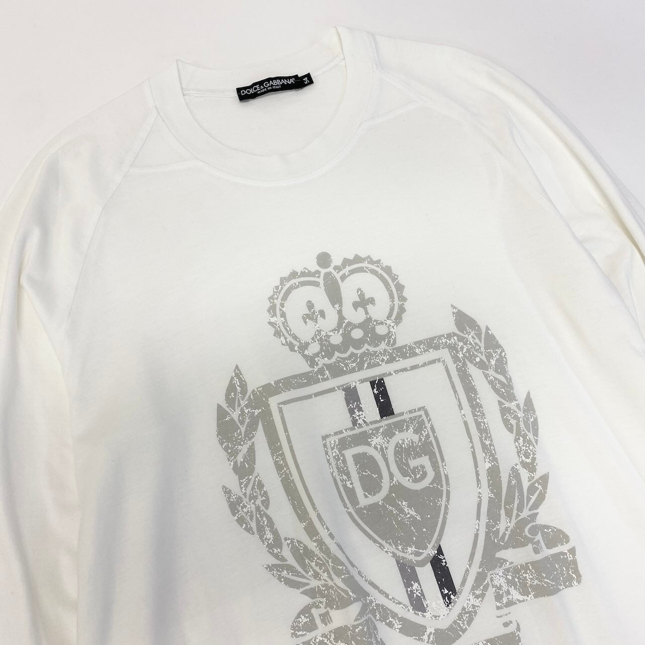 55d30 DOLCE&GABBANA ドルチェアンドガッパーナ ロングスリーブ プリントTシャツ フロントロゴ クルーネックカットソー サイズ54 ホワイト コットン100％ メンズ 紳士服u02t