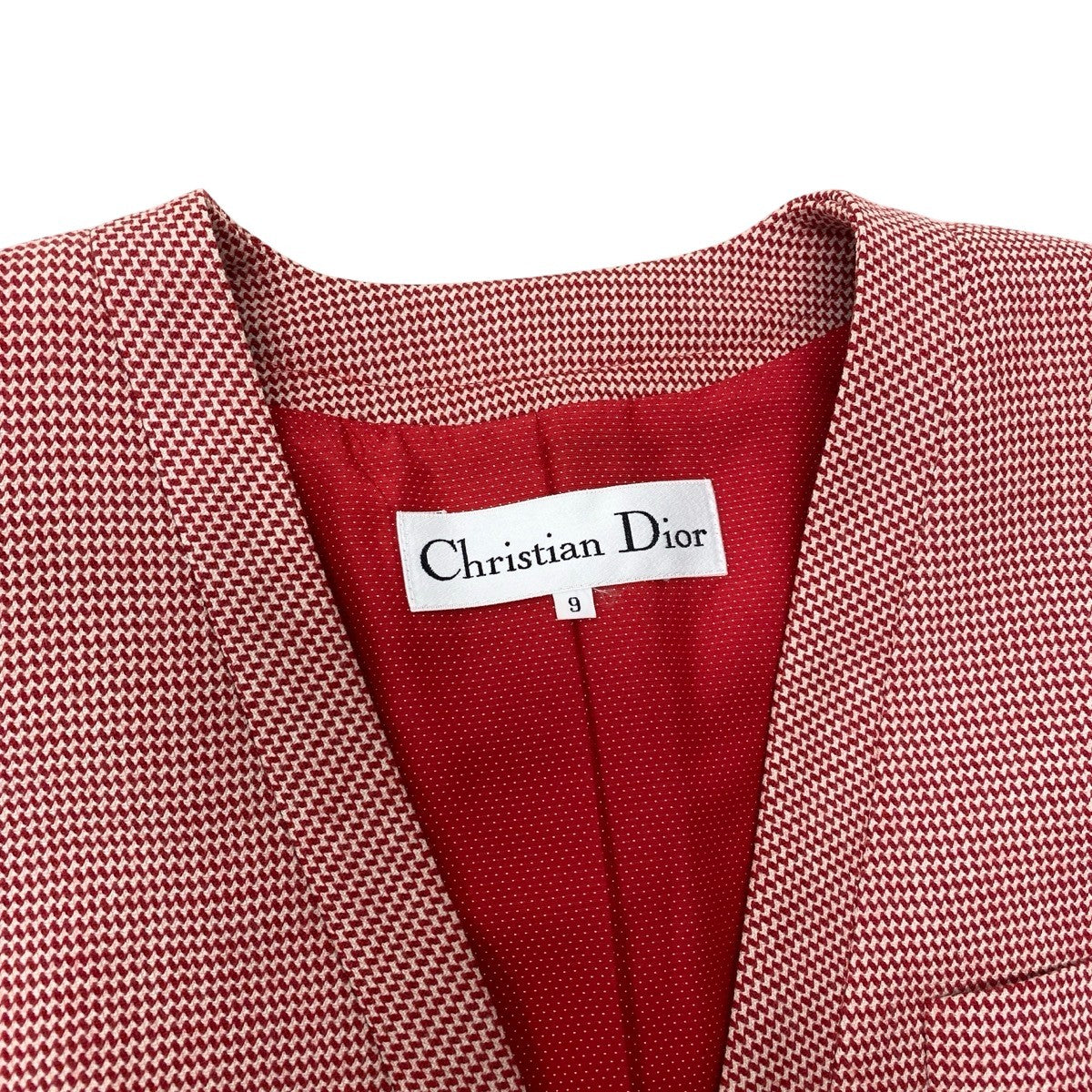 Eh10 Christian Dior クリスチャンディオール ノーカラージャケット ウールジャケット 総柄 サイズ9 レッド ホワイト レディースo07t