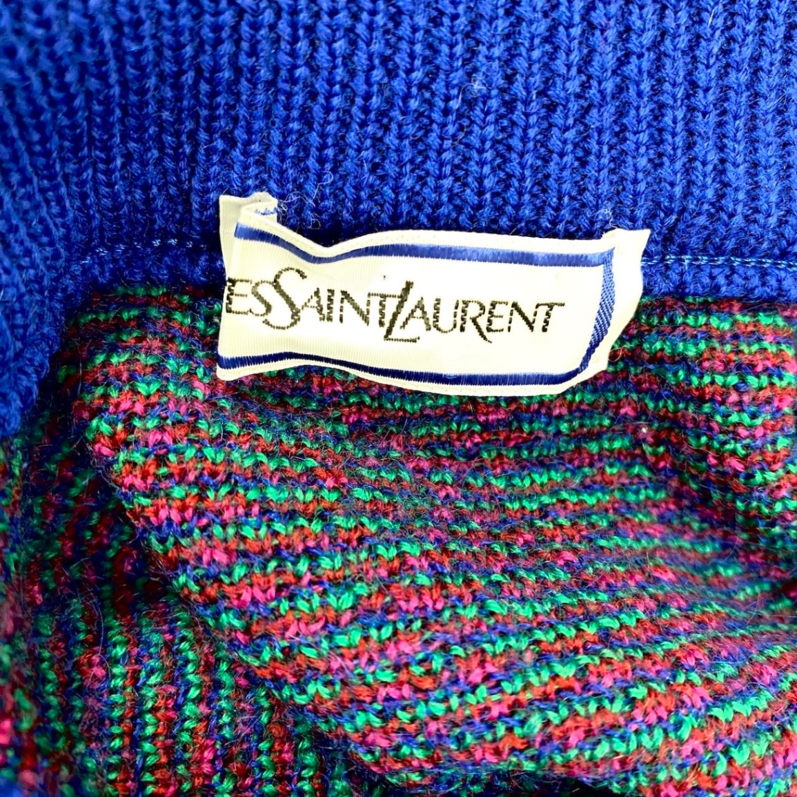9f17 YVES SAINT LAURENT イヴサンローラン 切替ニットワンピース 幾何学模様 サイズM ブルー レディース 女性服o07t
