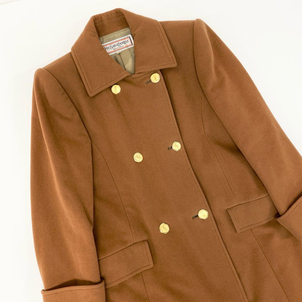 3l27 YVES SAINT LAURENT イヴサンローラン YSL 金ボタン ウールロングコート サイズS キャメル 画像参照 Vintage ヴィンテージ レトロ 女性服t18r