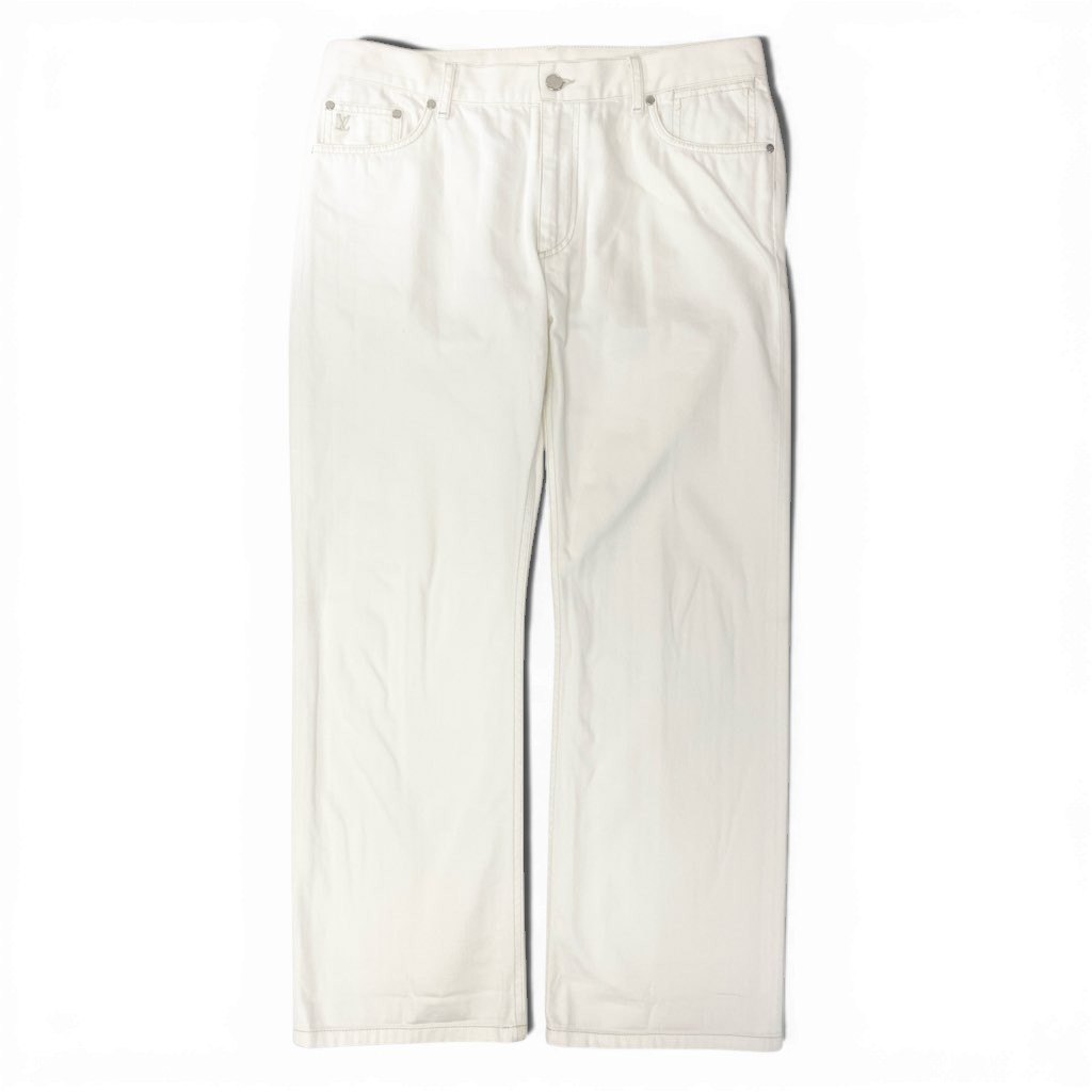 40l25 LOUIS VUITON ルイヴィトン コットンデニムパンツ LVロゴ刺繍 ストレートパンツ ボトム 44サイズ ホワイト コットン100％ メンズu02t