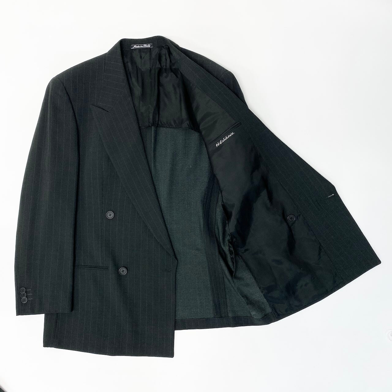 82c27 GIORGIO ARMANI ジョルジオアルマーニ セットアップスーツ フォーマル テーラードジャケット ストライプ イタリア製 メンズ 男性用 48 グリーンo07t