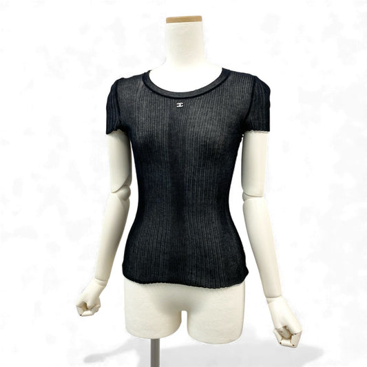 27L1 CHANEL シャネル fフロント ココマーク リバーシブル ニットTシャツ トップス P38434K02612 サイズ34 ネイビー ホワイト レディース カットソー 半袖ニットk02i