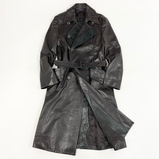 77d30 Paul Smith COLLECTION ポールスミスコレクション カウレザー ベルテッドロングトレンチコート アウター バイカラー Lサイズ  ブラウン ブラック 牛革