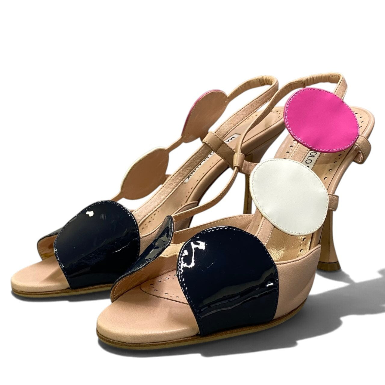 i1 MANOLO BLAHNIK マノロ・ブラニク Munir オープントゥ バックストラップ ヒールサンダル  サイズ39 マルチカラー パテントレザー レディースk02i