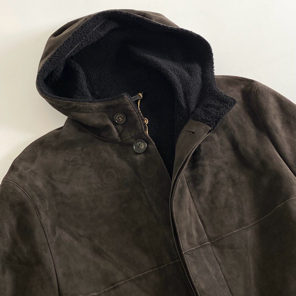 39i13 【イタリア製】Loro Piana ロロピアーナ 最高級 シャーリングコート ムートンコート フーデッドコート SANFORD HOODED COATブラウン M 羊革 メンズ アウター