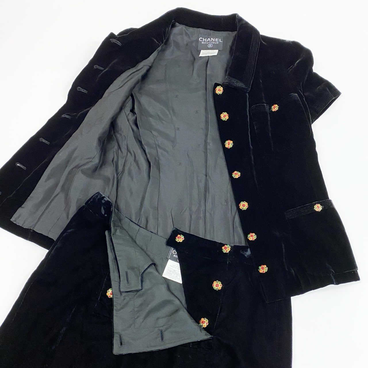 Ca14【Archive】CHANEL シャネル 1996AW collection P08355 グリポア ベルベットシャツ スカート セットアップ サイズトップス40/スカート42 ブラック レディースta1