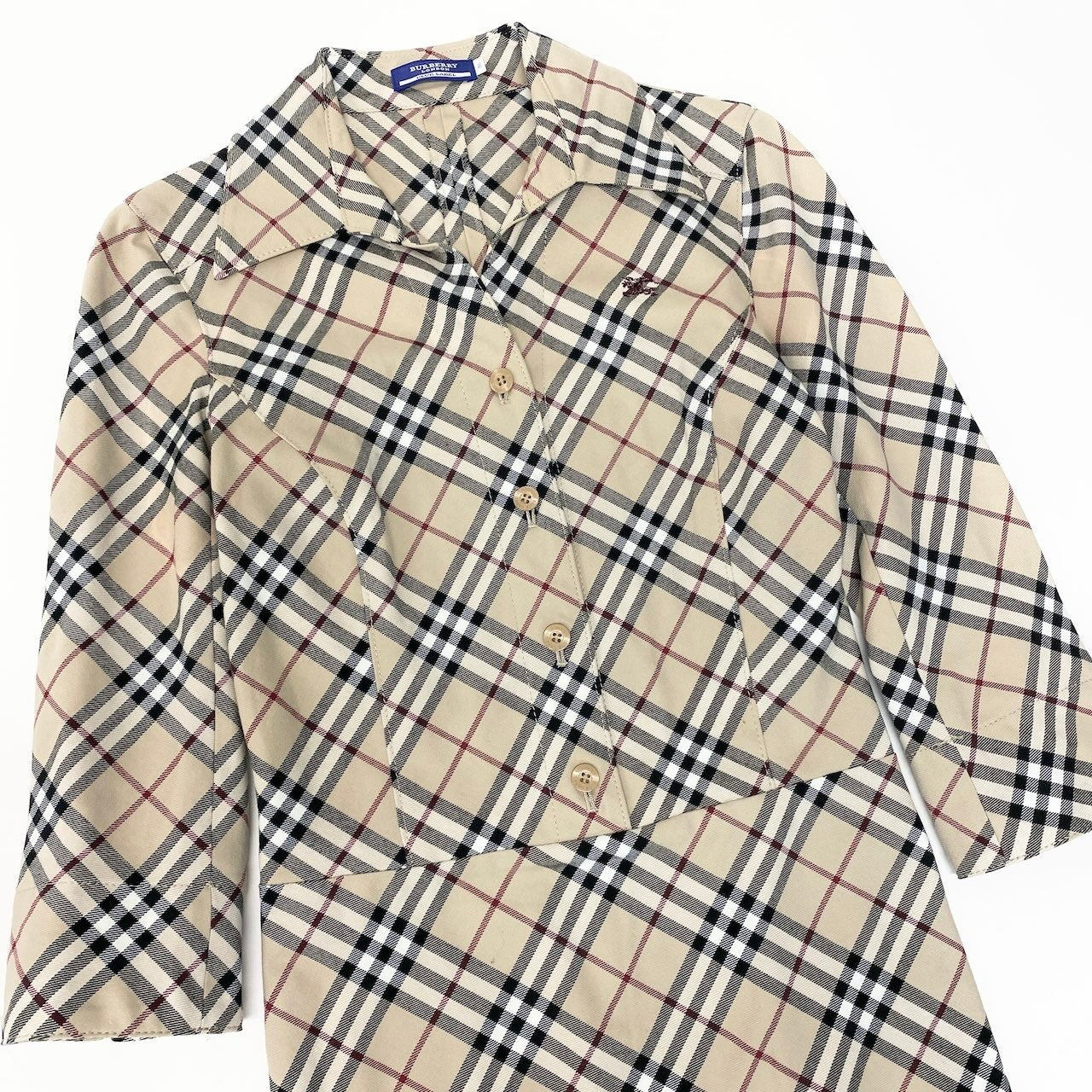46e11 BURBERRY LONDON BLUE LABEL バーバリー ブルーレーベル ノバチェック オープンカラーシャツワンピース 七分袖 ストレッチ素材 サイズ38 ベージュ レディース 女性服o07t