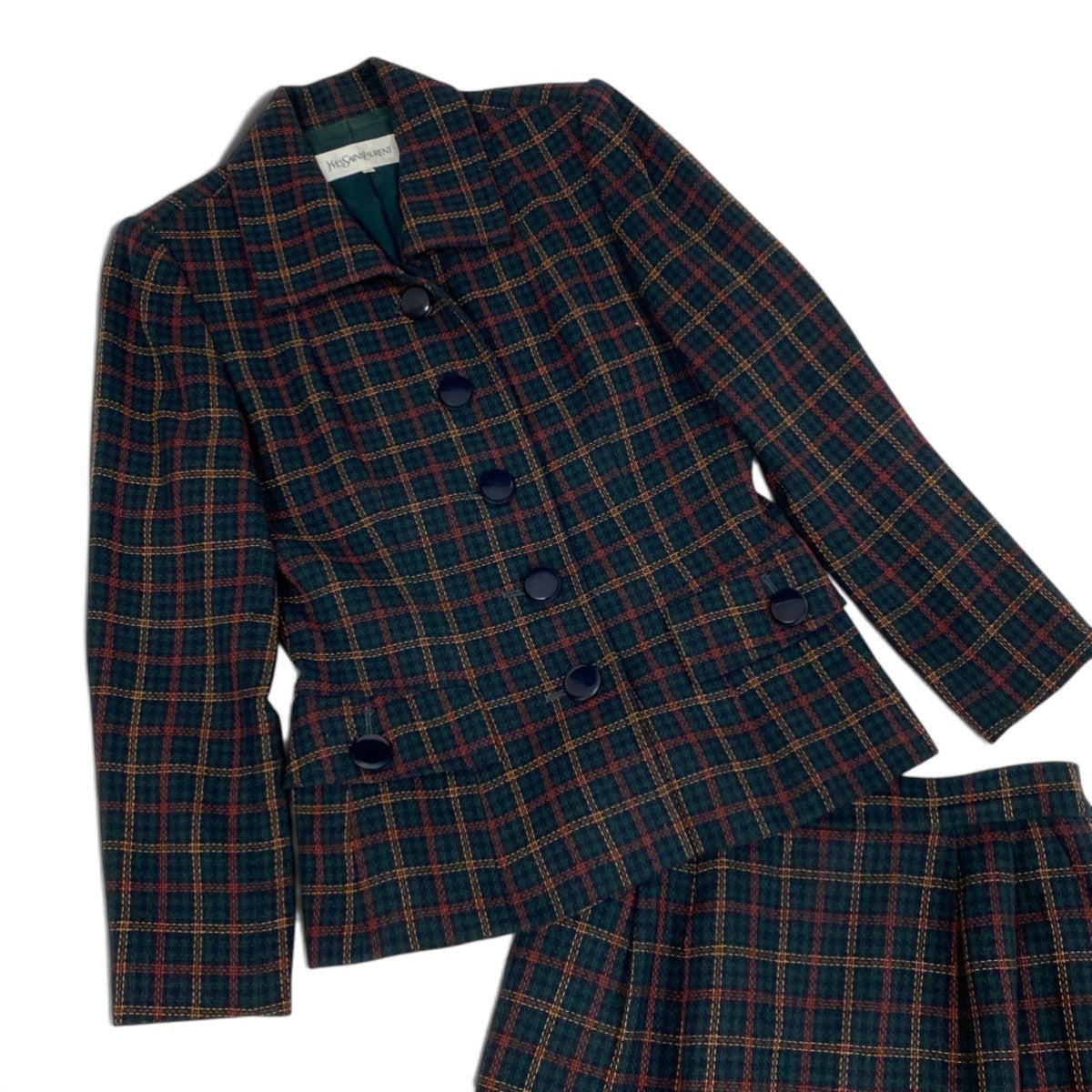 78j6 YVESAINTLAURENT イヴサンローラン セットアップ チェック柄 テーラードジャケット スカート 36サイズ グリーン系 レディース 女性用u02t