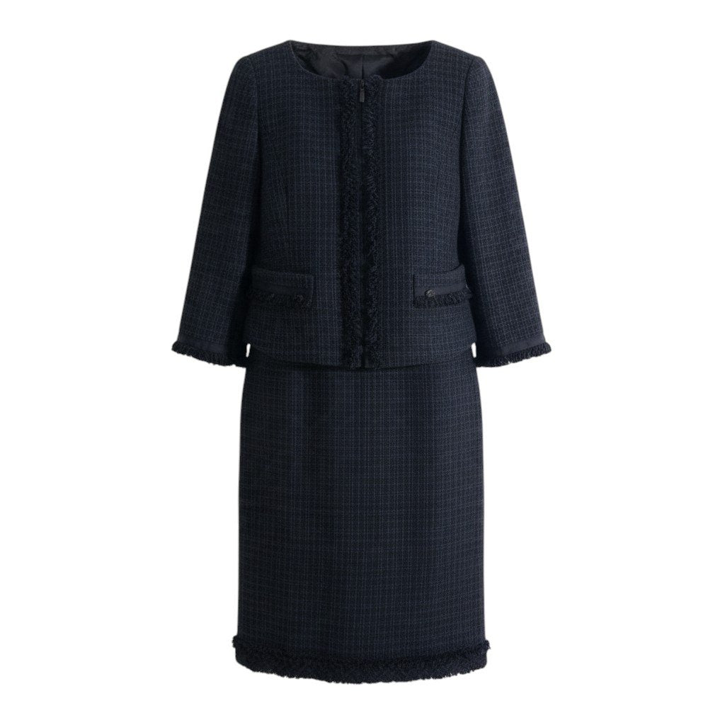 20j23 【美品】FOXEY フォクシー スカートセットアップ ノーカラーツイードジャケット スカート 38サイズ ネイビー レディース 女性用u02t
