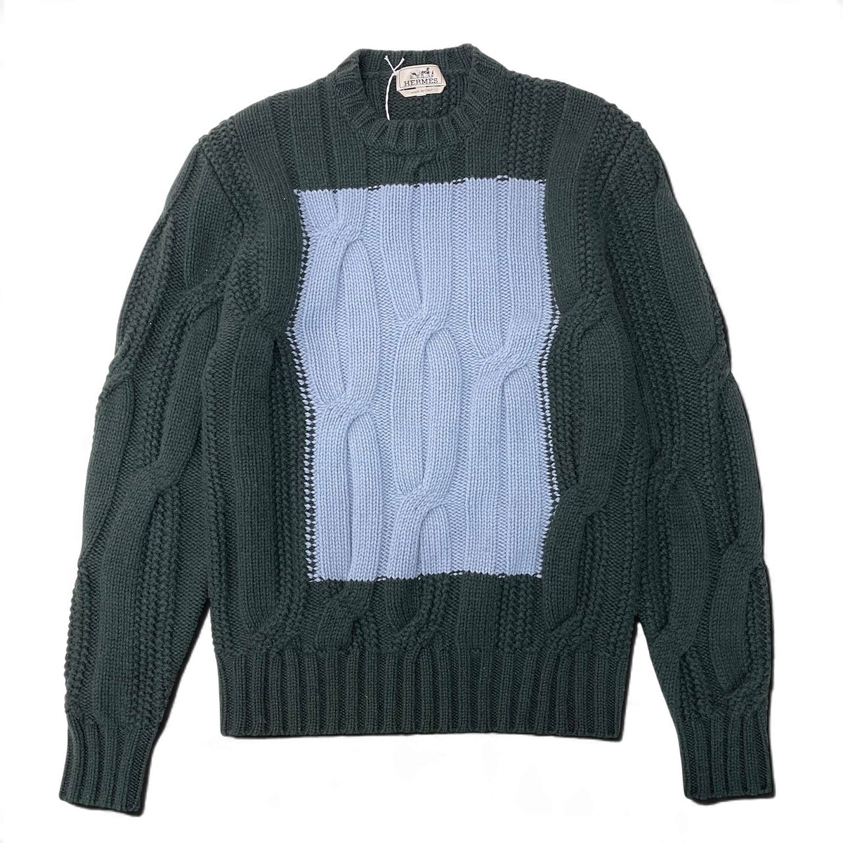 47j16 【未使用】 HERMES エルメス 22aw バイカラー ケーブル編み ニットセーター サイズM ダークグリーン ライトブルー ウール カシミヤ メンズu02t
