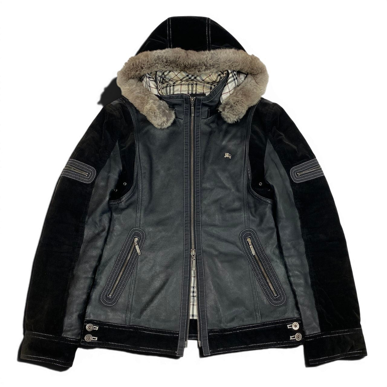 4d16 BURBERRY BLACK LABEL バーバリー ブラックレーベル 中綿 レザージャケット フーデッドジャケット 2way コーデュロイ切替 ラビットファー サイズM ブラック メンズ 紳士服u02t