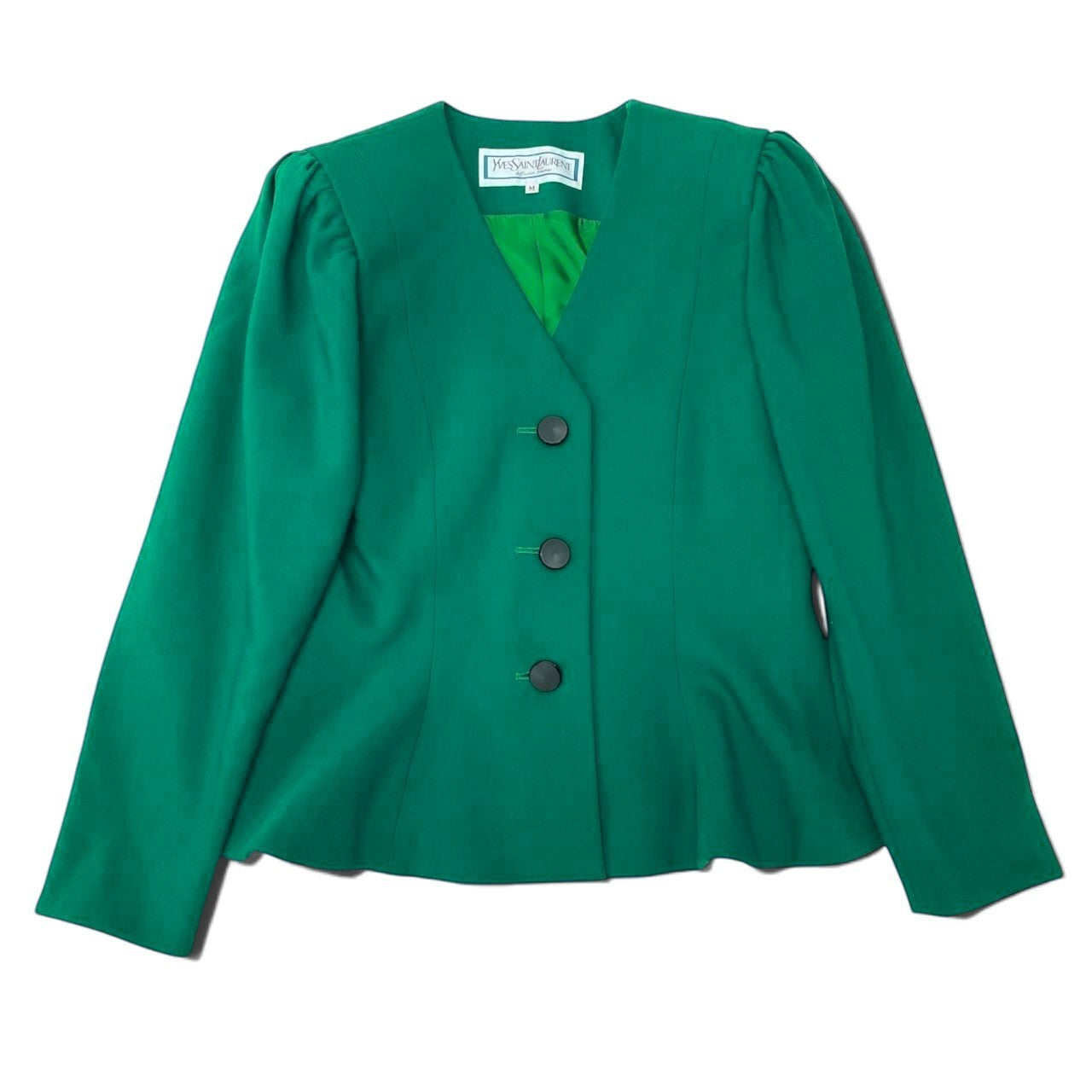 28h31 YVES SAINT LAURENT イヴサンローラン ノーカラージャケット サイズM グリーン レディースo07t