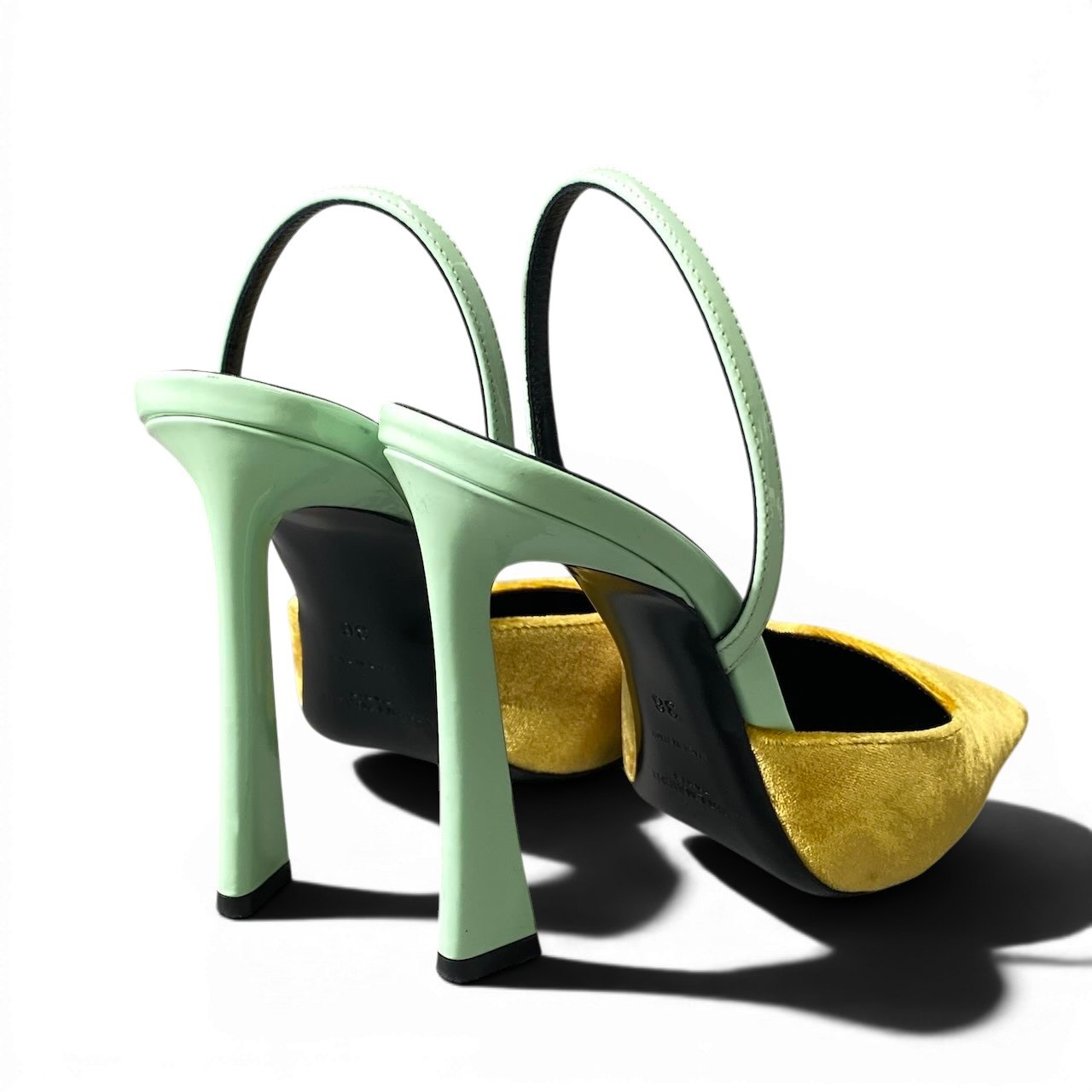 g14【美品】SAINT LAURENT スリングバック パンプス イタリア製 36サイズ イエロー グリーン ベルベット レザー レディース 女性用k02i