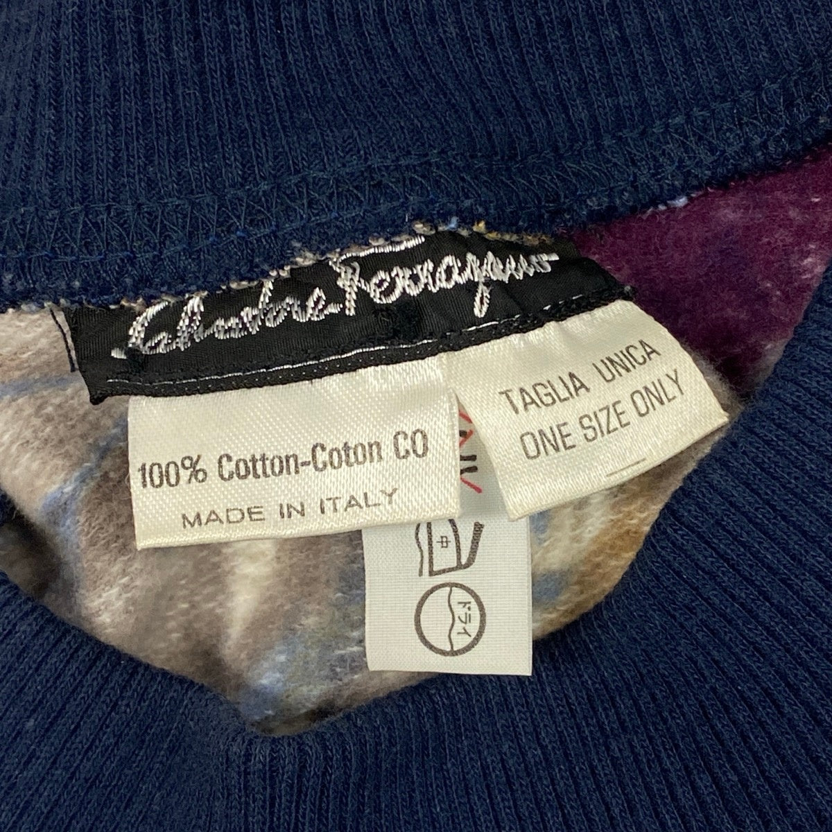 67j6 Salvatore Ferragamo サルヴァトーレフェラガモ ビンテージ スウェット ロングスリーブカットソー 総柄 ヒョウ柄 トップス イタリア製 1サイズ ネイビー系 コットン100％ メンズ 男性用u02t