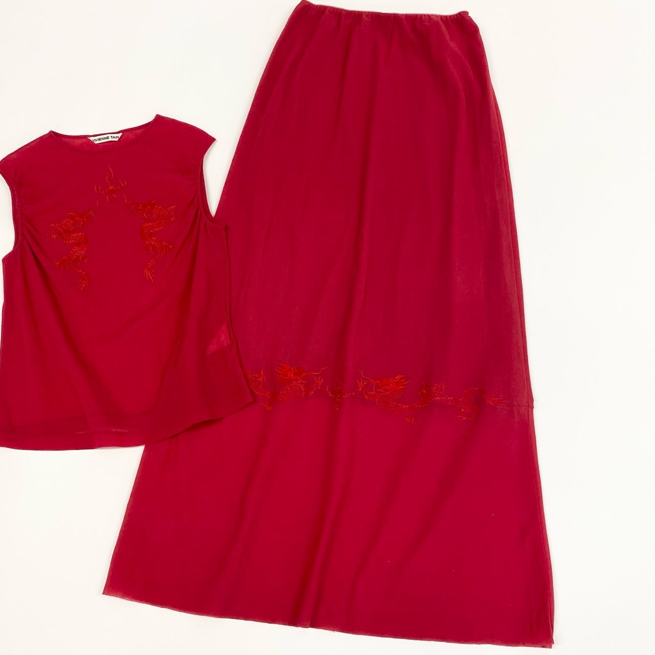 29a9 VIVIENNE TAM ヴィヴィアンタム パワーネット ドラゴン刺繍 ノースリーブトップス ロングスカート 0 レッド レディース 女性用u02t
