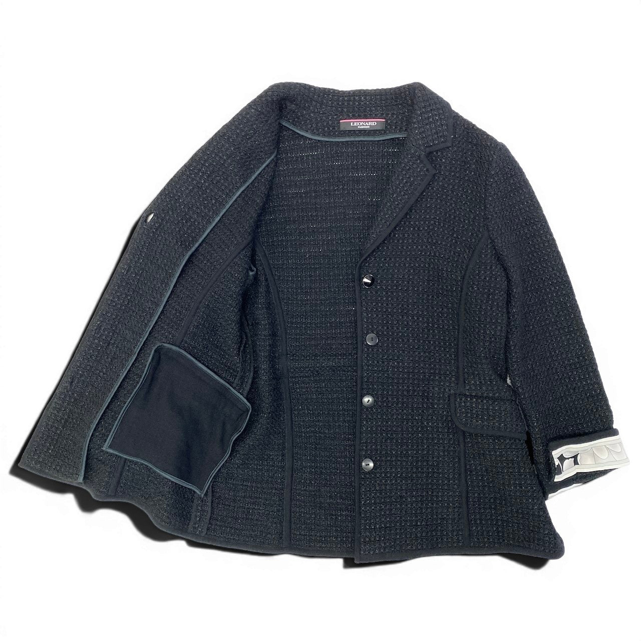 9e11 《美品》 LEONARD レオナール ラメツイードジャケット 0387737 サイズ42 ブラック 美しい花柄プリント 女性服t18r
