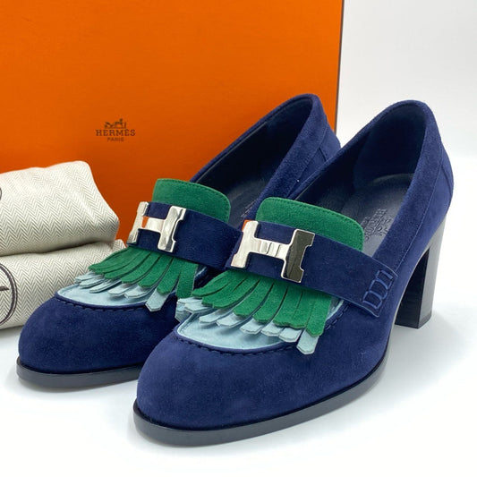 5h29 《極美品》 HERMES エルメス エリゼ70 ロワイヤル フリンジ パンプス 36 1/2 ネイビー スエードレザー シューズ 箱 保存袋付属t18r