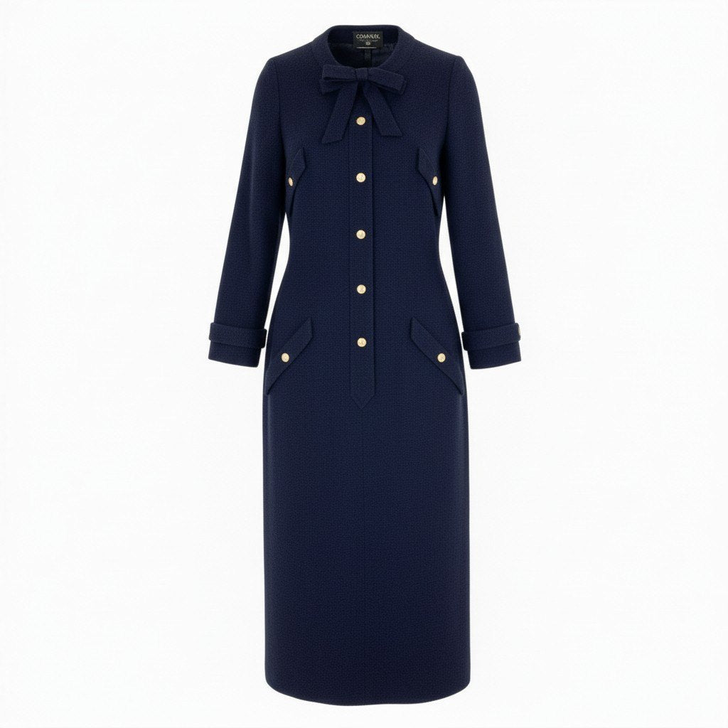 Cb15 Vintage CHANEL シャネル ヴィンテージ ツイードワンピース 長袖 ココマークボタン ネイビー レディースu02t