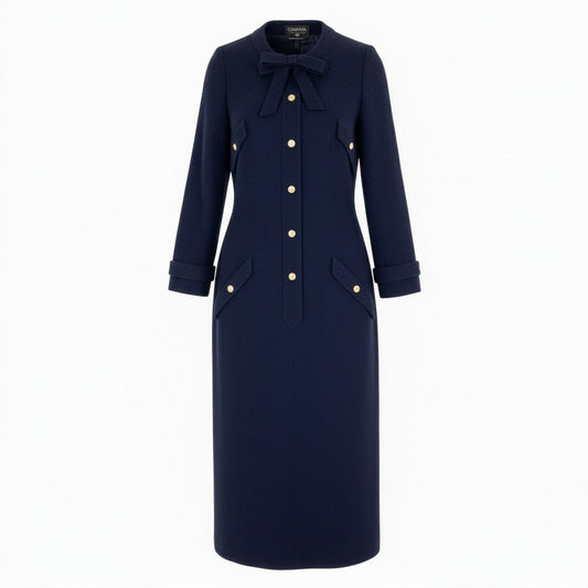 Cb15 Vintage CHANEL シャネル ヴィンテージ ツイードワンピース 長袖 ココマークボタン ネイビー レディースu02t