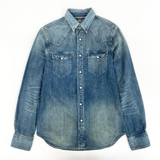 55ｈ28 《美品》RALPH LAUREN RRL ラルフローレン ダブルアールエル 長袖シャツ デニムシャツ ウエスタンシャツ ロングスリーブ Sサイズ インディゴ メンズ 男性用k02i