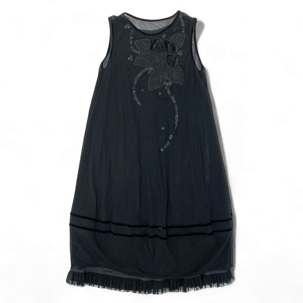 18k20《美品》 TOKUKO 1er VOL トクコプルミエヴォル ノースリーブワンピース  ドレスワンピース 花柄刺繡 スパンコール装飾 レディース 女性用 9 ブラックu02t