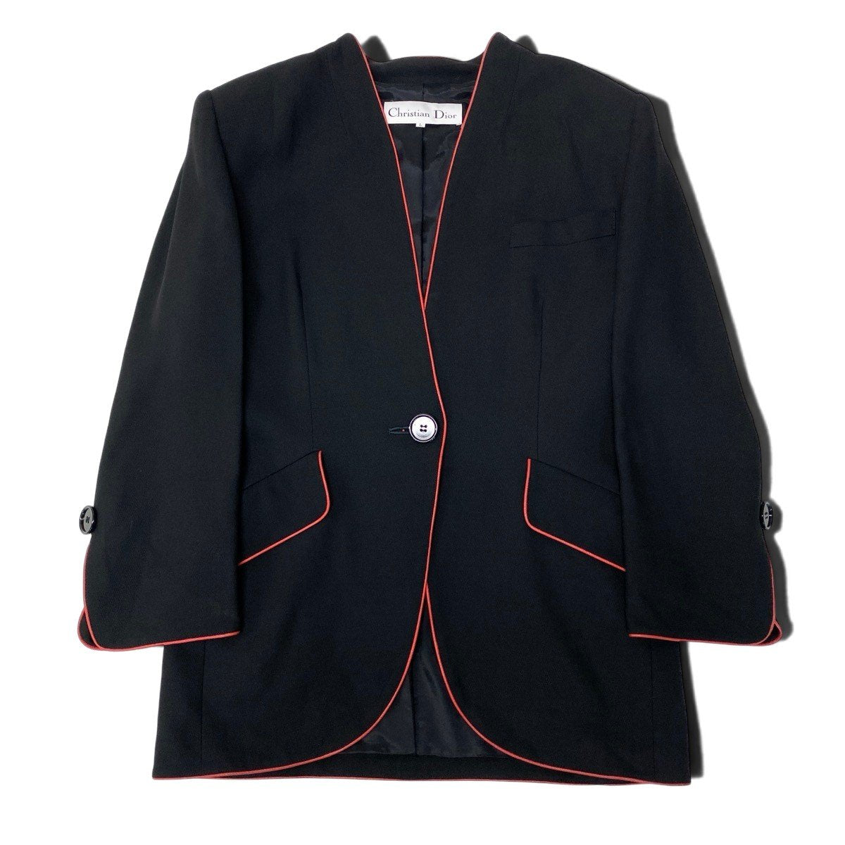 54h21 Christian Dior クリスチャンディオール ノーカラージャケット テーラードジャケット パイピングデザイン サイズL ブラック レッド レディースo07t