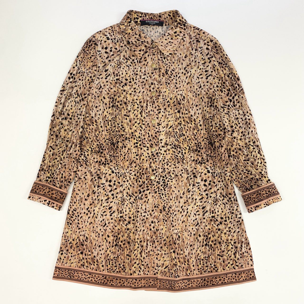 4k7 《美品》 LEONARD FASHION レオナール 長袖シャツ チュニックワンピース カンカン素材 総柄 金ボタン レディース 女性用 L ベージュ系o07t