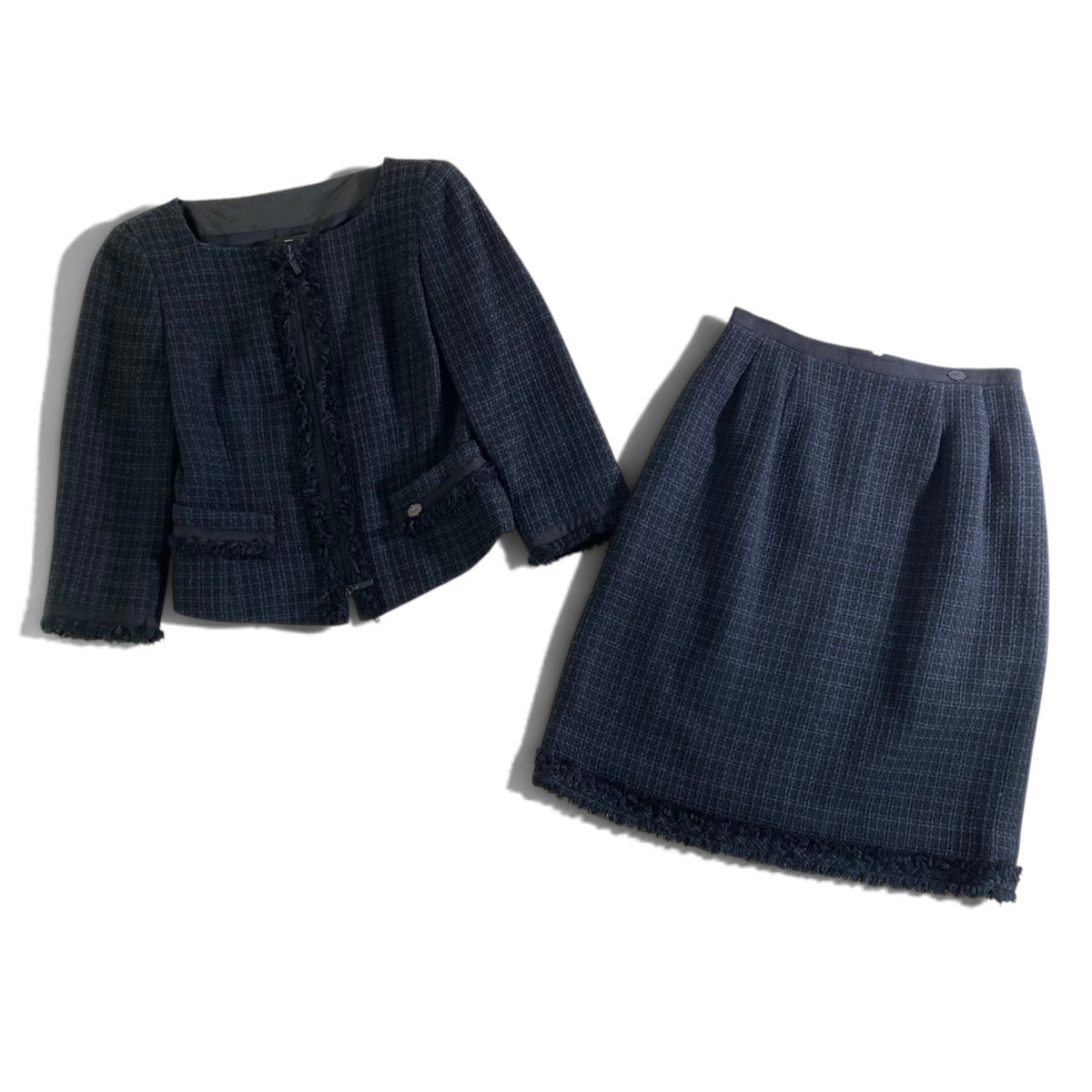 20j23 【美品】FOXEY フォクシー スカートセットアップ ノーカラーツイードジャケット スカート 38サイズ ネイビー レディース 女性用u02t