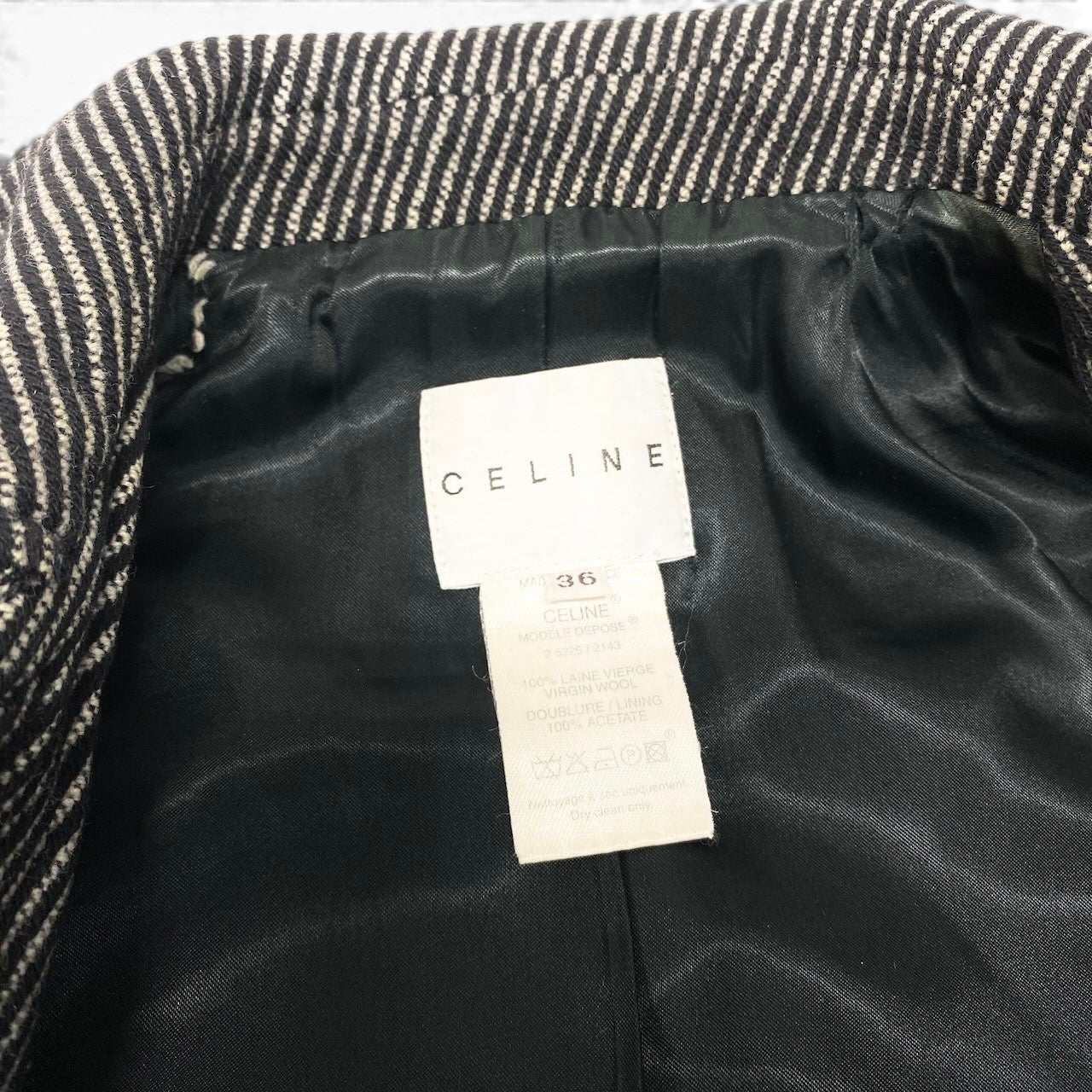 84e29 CELINE セリーヌ ダブルブレスト ウールジャケット ショートコート ストライプ柄 サイズ36 ブラック ホワイト レディース 女性服o07t