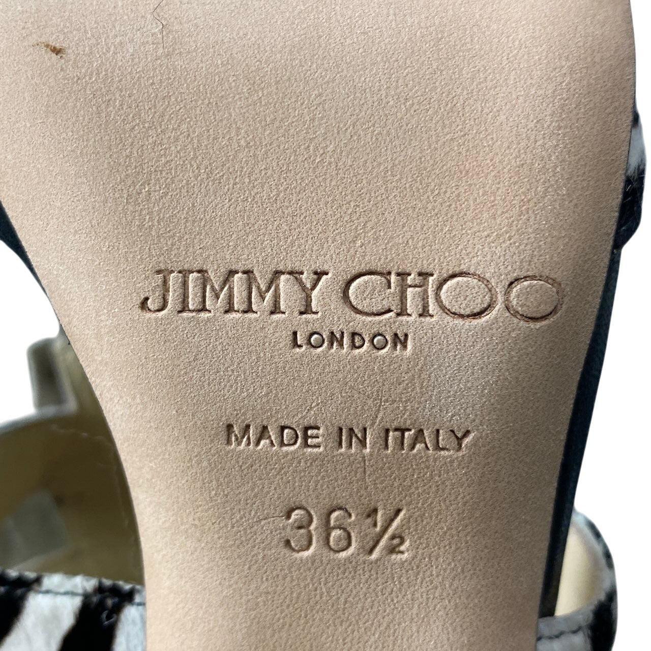e13 JIMMY CHOO ジミーチュウ オープントゥ ヒールパンプス ハラコ ゼブラ柄 スタッズ ハイヒール 36 1/2 ブラック ホワイト レディース 女性用k02i