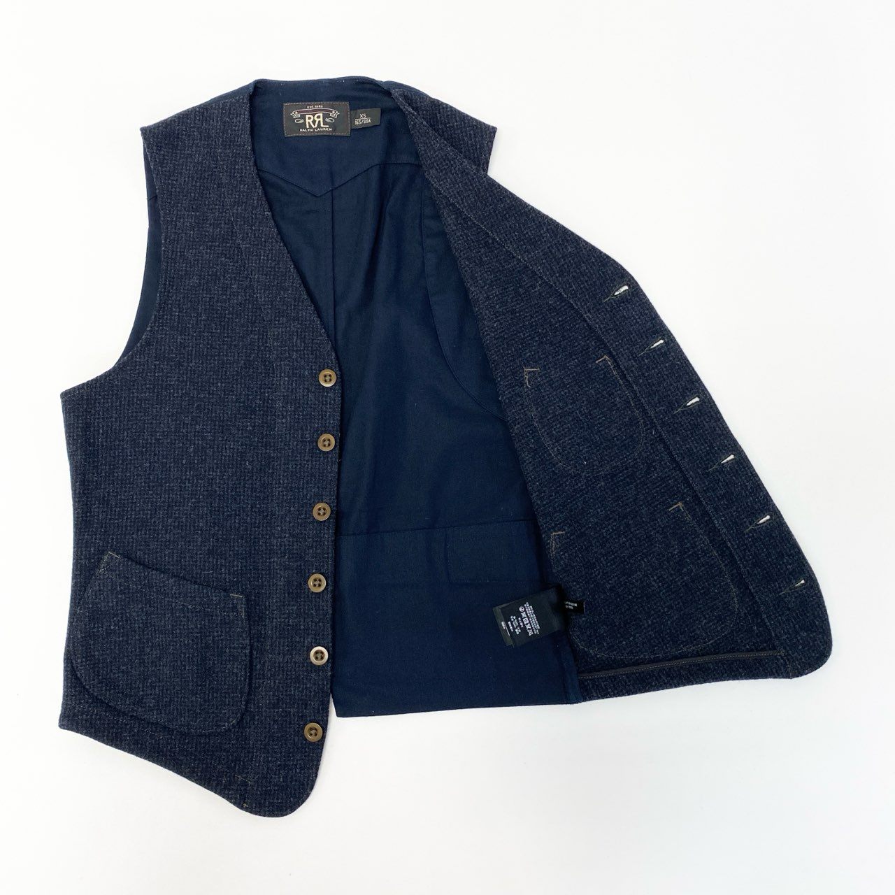 32a29 【美品】DOUBLE RL RALPH LAUREN ダブルアールエル ラルフローレン ツイードベスト ウールベスト ジレ トップス XSサイズ インディゴ メンズ 男性用o07t