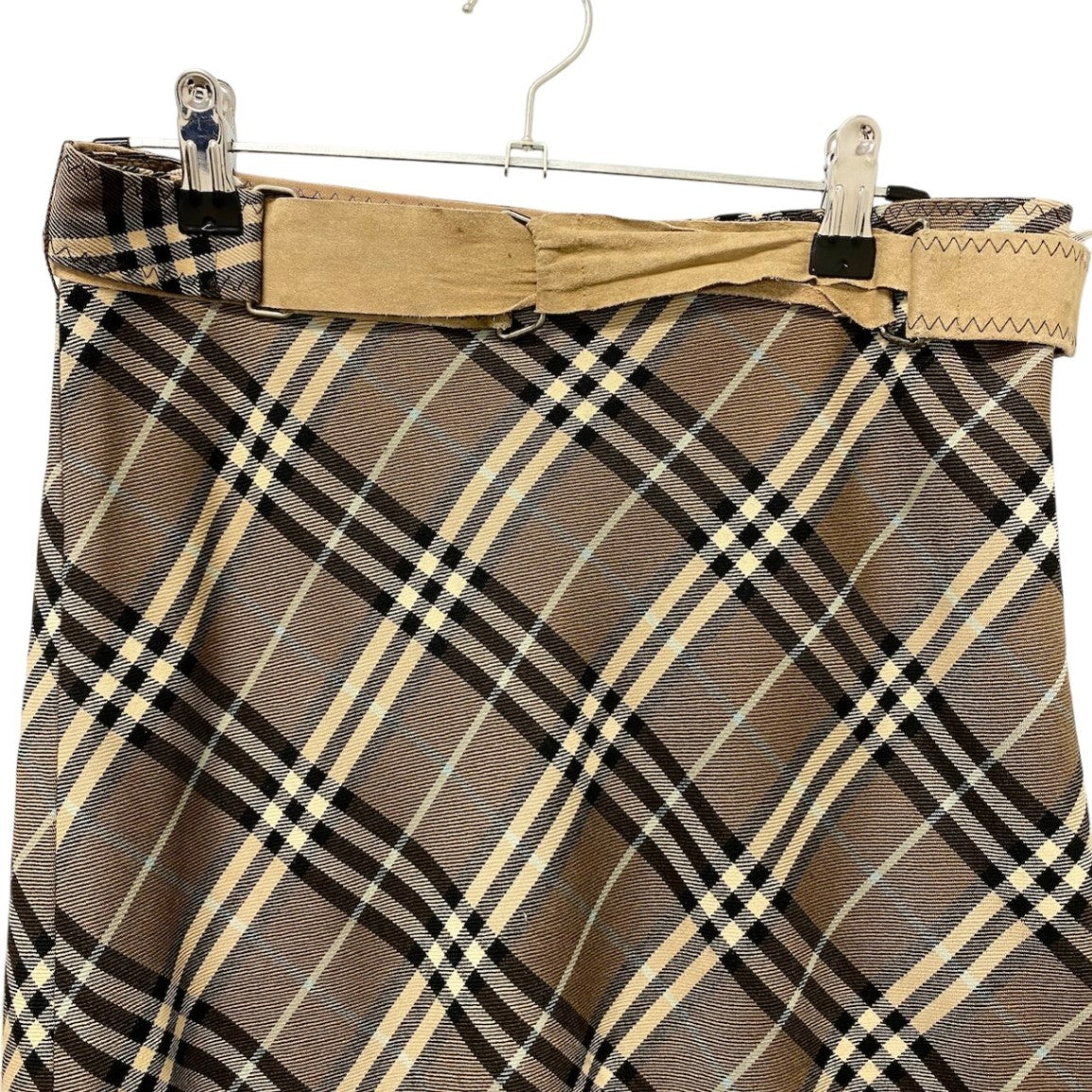 40e18 BURBERRY LONDON BLUE LABEL バーバリーロンドン ブルーレーベル ベルト付 膝丈スカート ノバチェック ウールスカート サイズ38 ブラウン系 レディース 女性用u02t