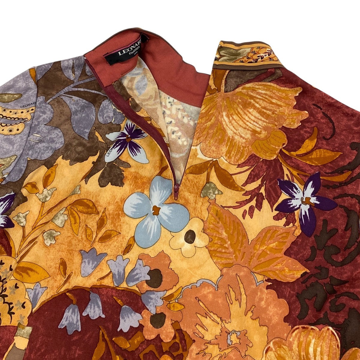 32f11 LEONARD FASHION レオナール モックネック ショートスリーブ カットソー カンカン素材 美しい花柄プリント サイズL マルチカラー レディース 女性服u02t