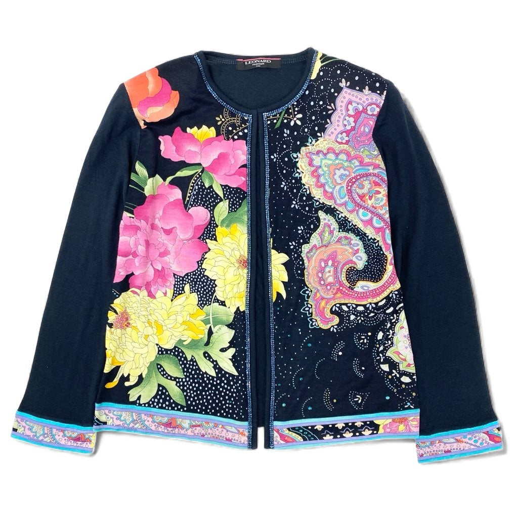 79L15 LEONARD FASHION レオナールファッション クルーネックカーディガン 花柄プリント ビジュー LL ネイビー レディース 女性用u02t