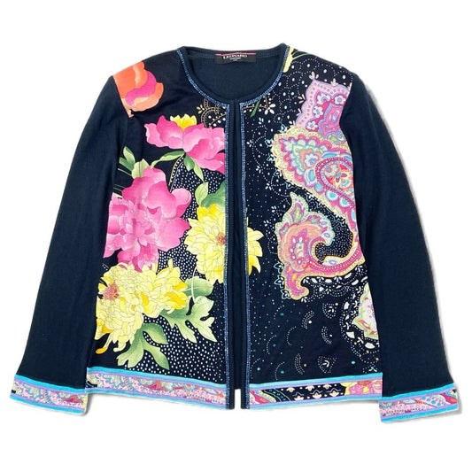 79L15 LEONARD FASHION レオナールファッション クルーネックカーディガン 花柄プリント ビジュー LL ネイビー レディース 女性用u02t