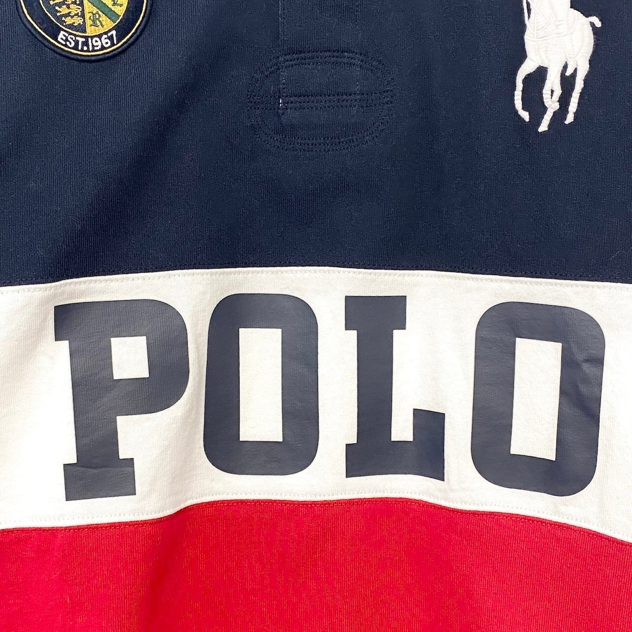 62i1 【未使用タグ付】 POLO RALPH LAUREN ポロラルフローレン CUSTOM SLIM FIT ロゴプリント 長袖ポロシャツ トリコロール ビッグポニー XXL ネイビー ホワイト レッド コットン100％ メンズu02t